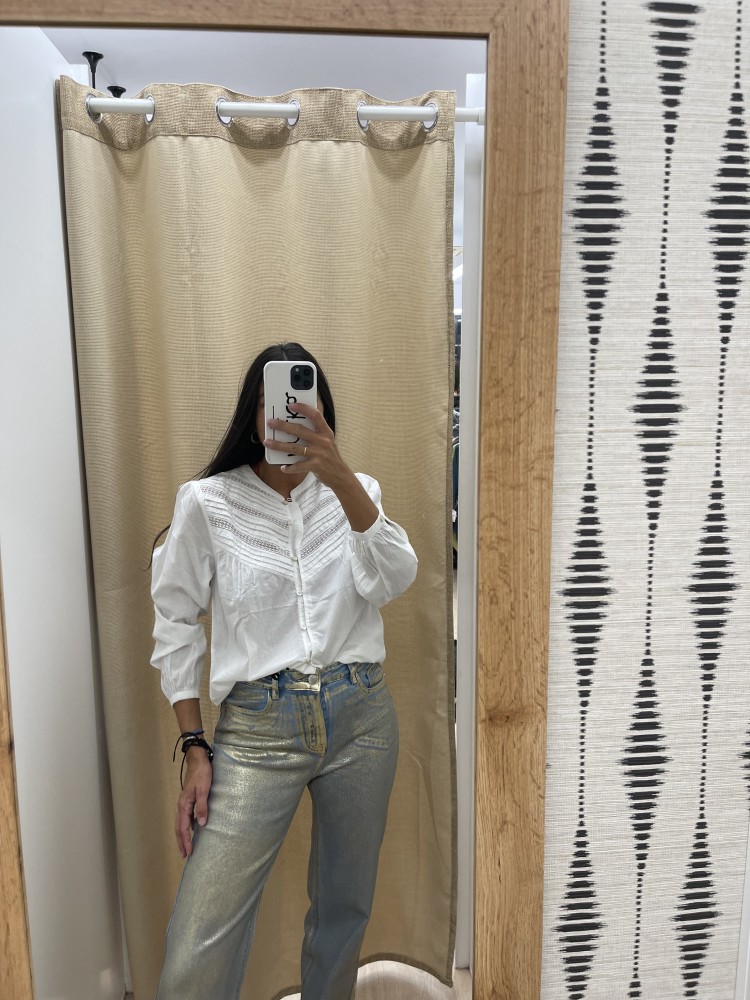 Jeans Recto Azul Con Efecto Dorado