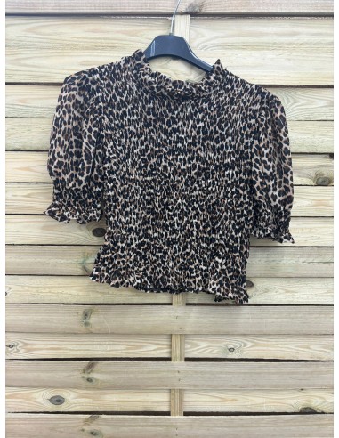 Camisa de gasa corta fruncida de leopardo