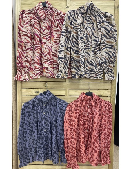 Camisa estampado cuello y puño fruncidos