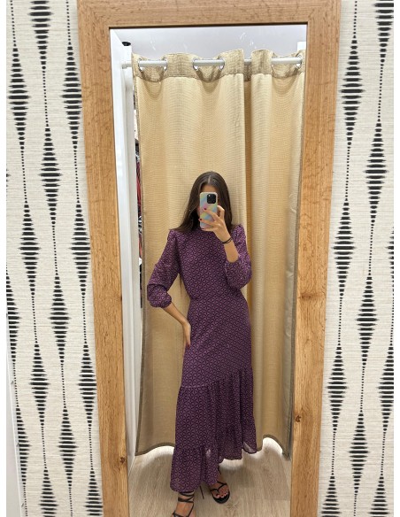 Vestido estampado de gasa con hombrera y corte