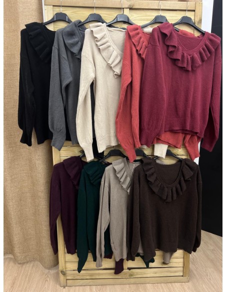 Jersey liso con escote en pico y volante