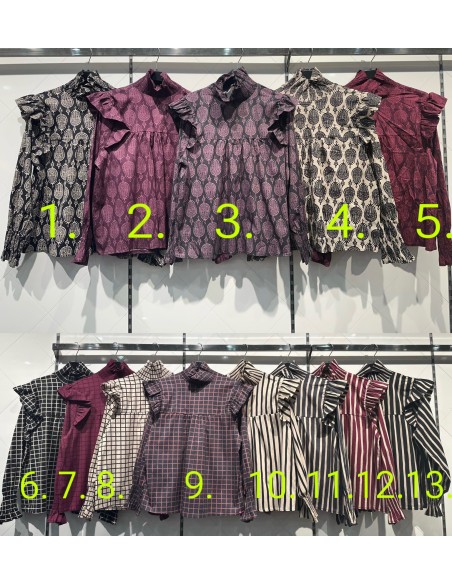 Camisa estampada cuello fruncido alto y doble volante