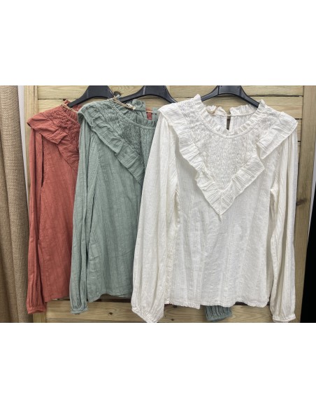 Camisa pico fruncido con brillo dorado