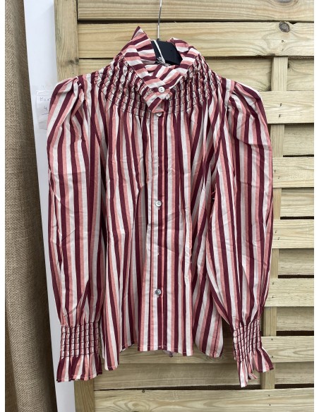 Camisa rayas tricolor cuello frunce subido