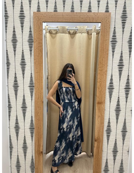 Vestido satén pecho fruncido de flores difuminadas