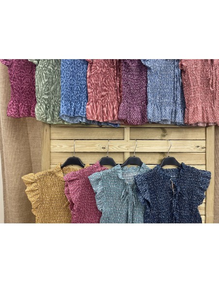 Camisa estampada fruncida de sisa con doble lazo en pecho