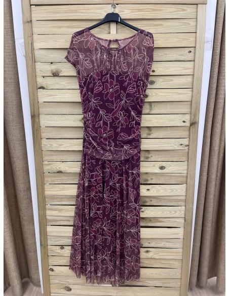 Vestido de tul largo con transparencia en hombros y drapeado en cintura