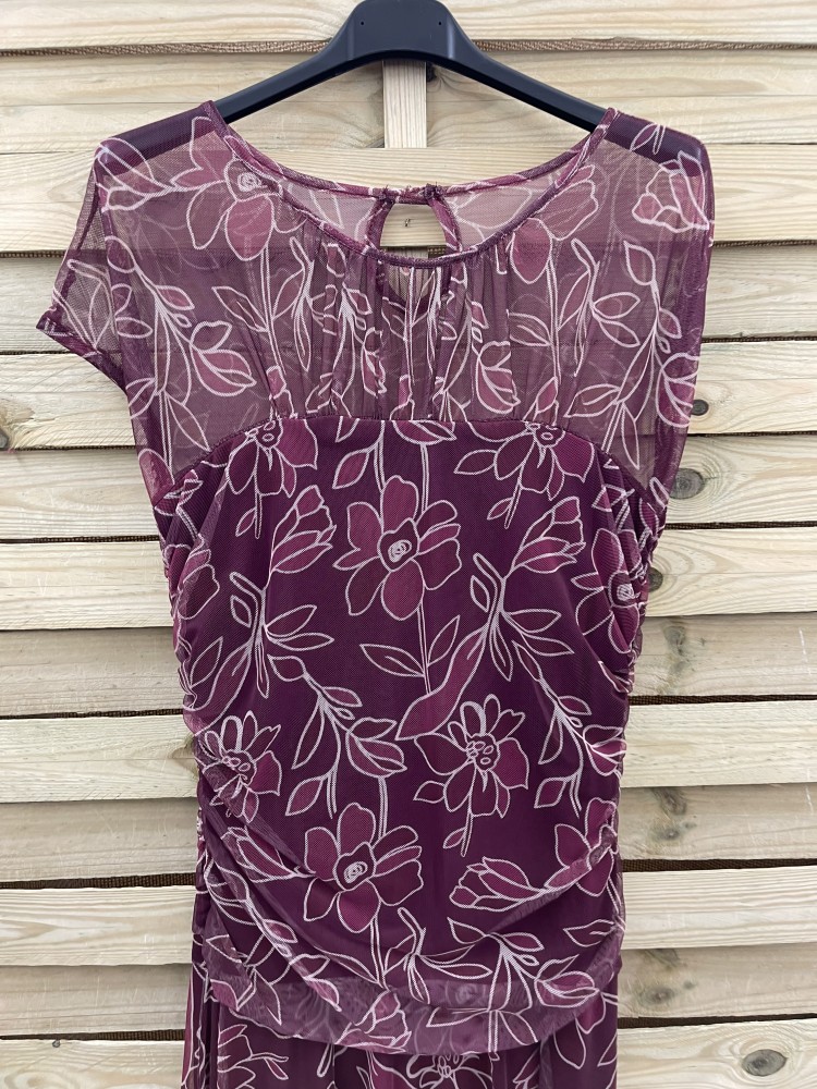 Vestido de tul largo con transparencia en hombros y drapeado en cintura