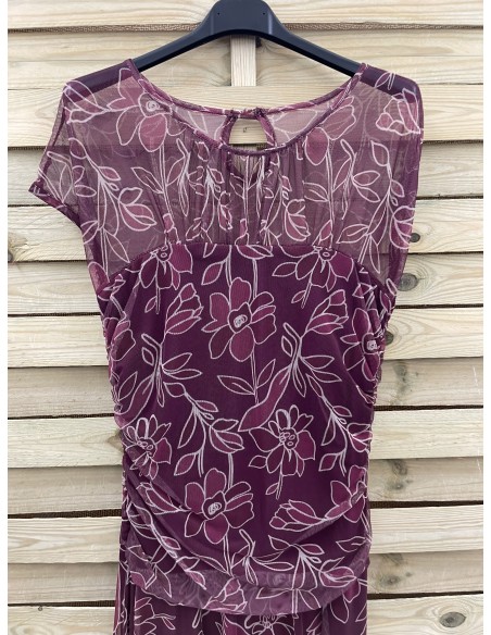 Vestido de tul largo con transparencia en hombros y drapeado en cintura