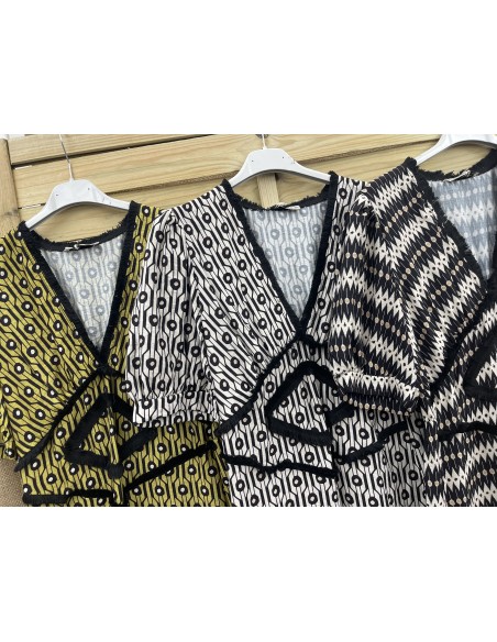 Vestido midi estampado doble rombo desflecado en cintura