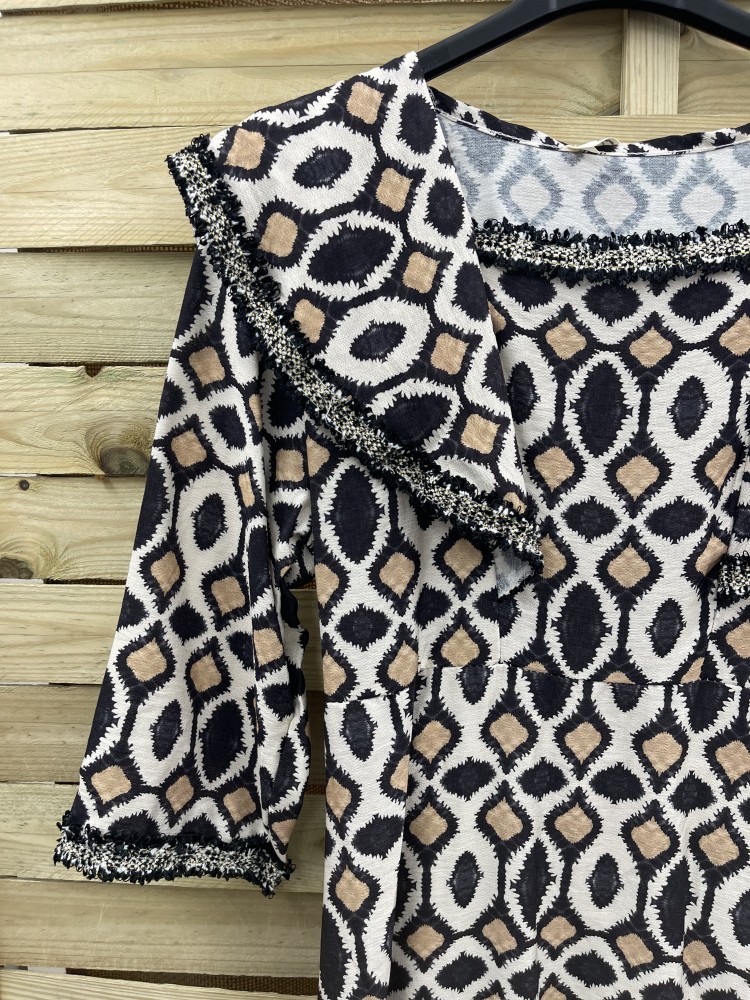 Vestido midi estampado con vivos desflecado brillito