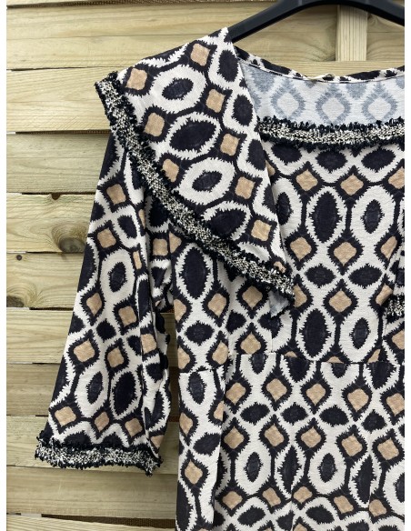 Vestido midi estampado con vivos desflecado brillito