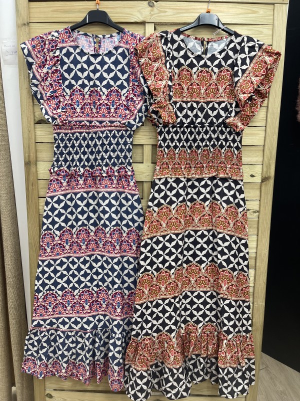 Vestido largo estampado con frunce en cintura 2