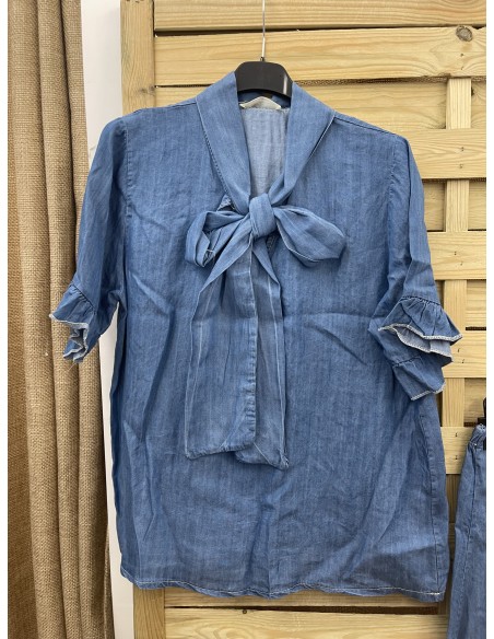 Camisa vaquera lazada de manga corta con vuelo
