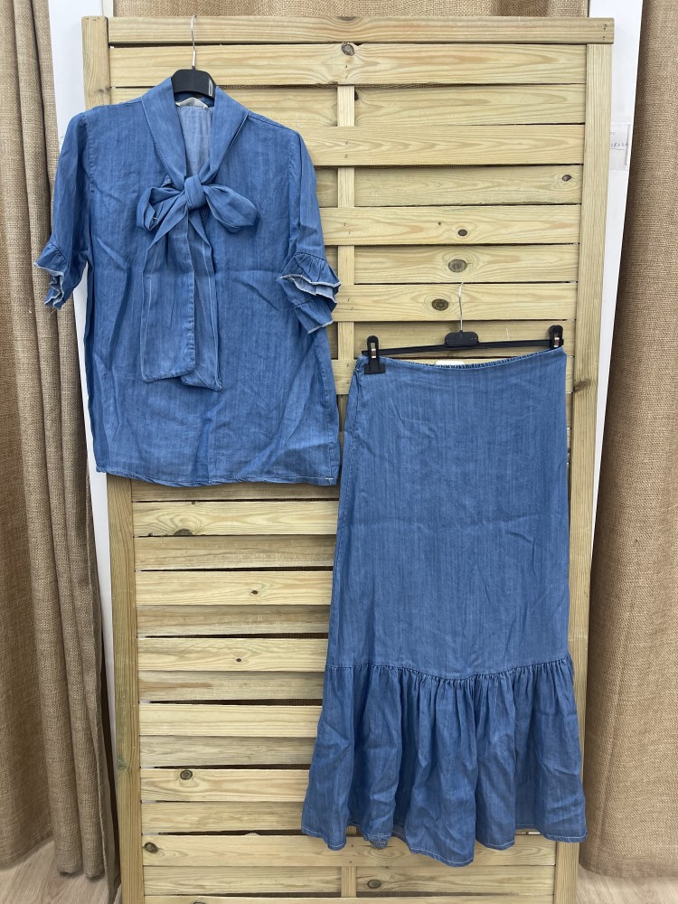 Camisa vaquera lazada de manga corta con vuelo