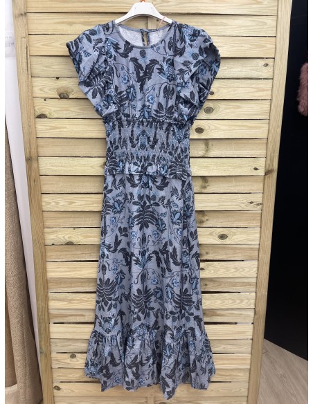 Vestido midi flores con maxi frunce en cintura