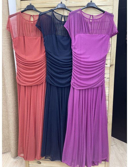 Vestido tul liso con transparencia en hombros