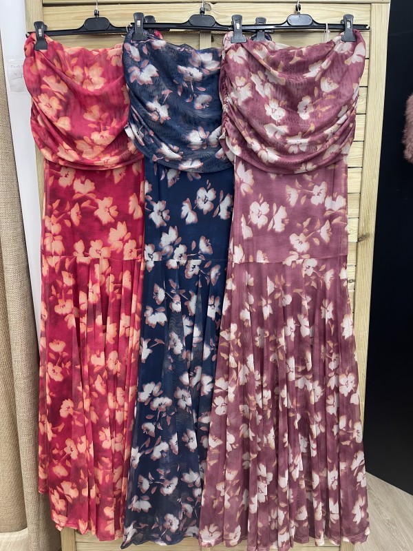 Vestido tul flores maxi hombros