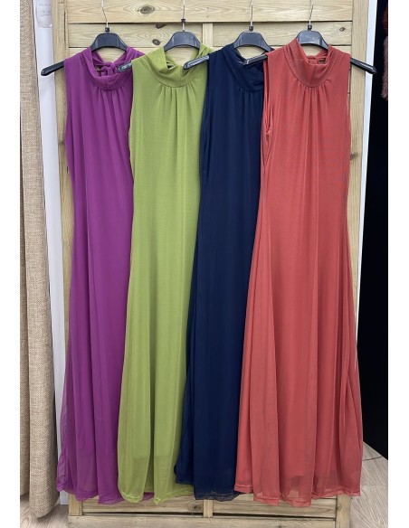 Vestido largo de tul evasé con lazo trasero