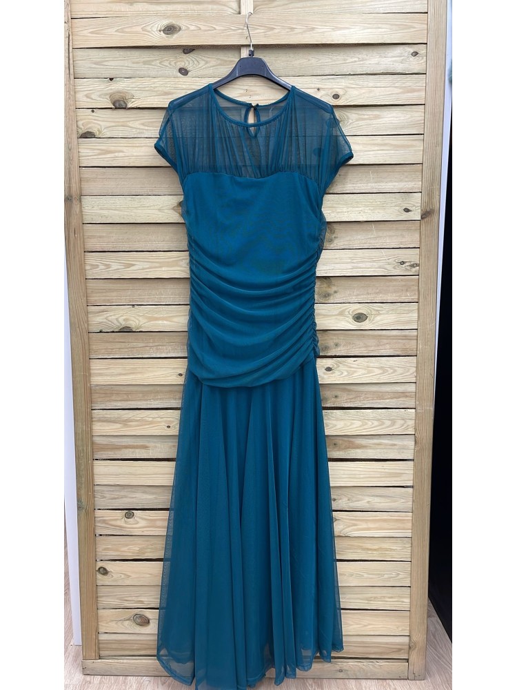 Vestido tul liso con transparencia en hombros