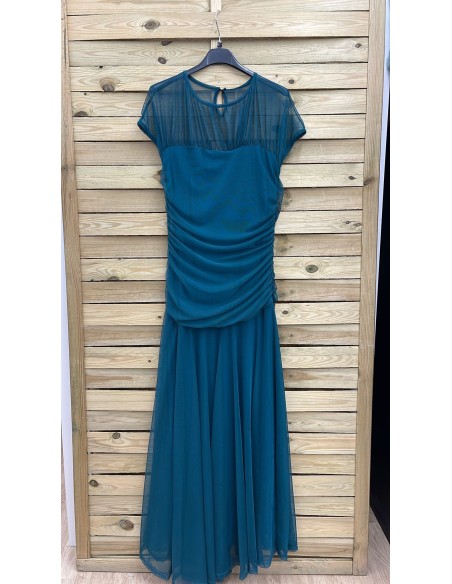 Vestido tul liso con transparencia en hombros