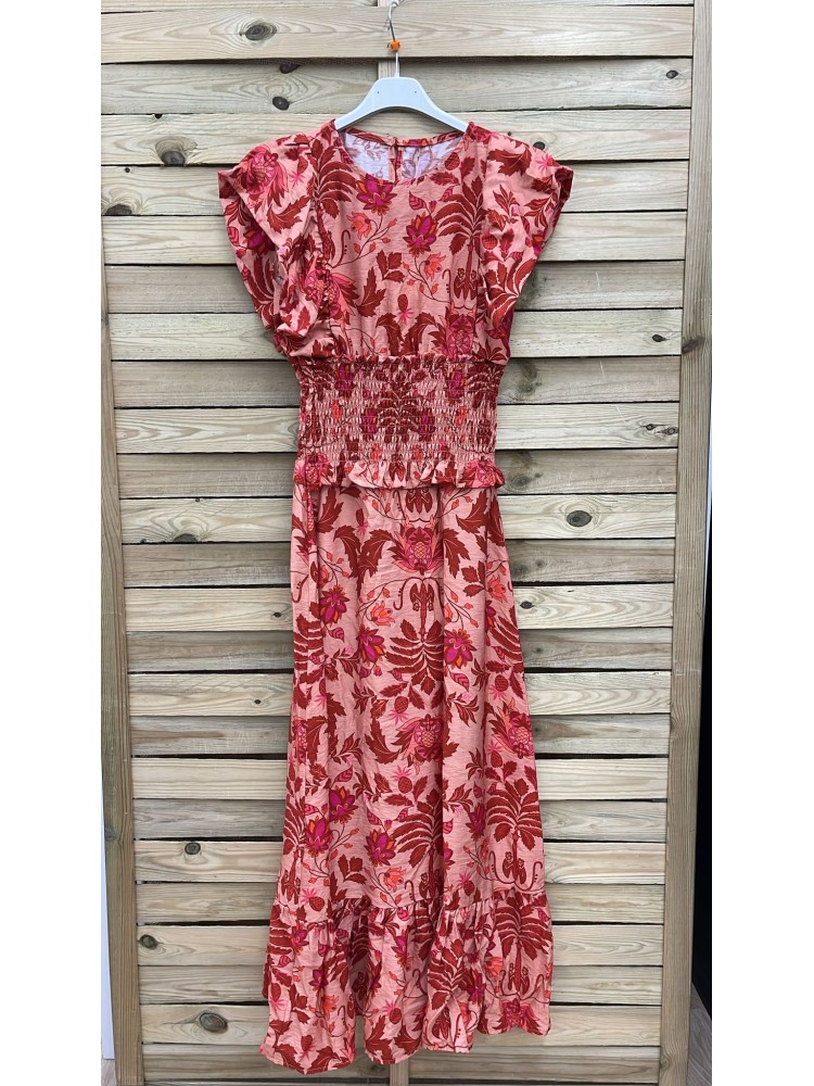 Vestido midi flores con maxi frunce en cintura