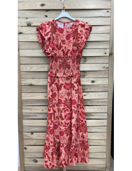 Vestido midi flores con maxi frunce en cintura