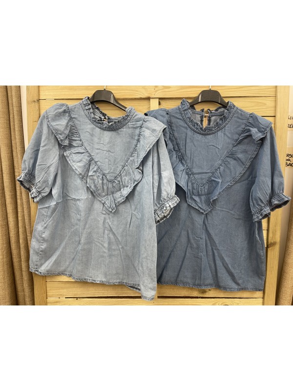 Camisa vaquera manga corta con volante delantero en pico