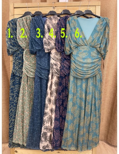 Vestido tul estampado de pico con frunce en cintura