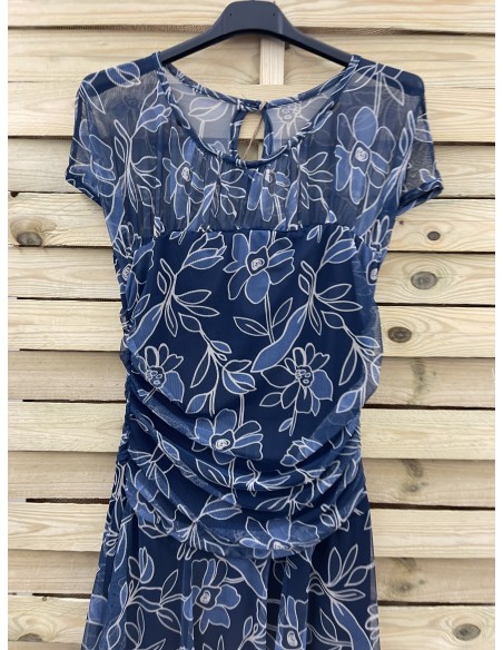 Vestido de tul largo con transparencia en hombros y drapeado en cintura