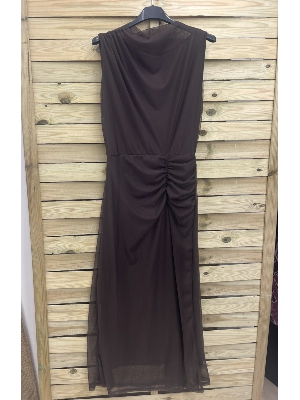 Vestido tul liso con drapeado en cintura