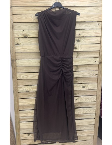 Vestido tul liso con drapeado en cintura