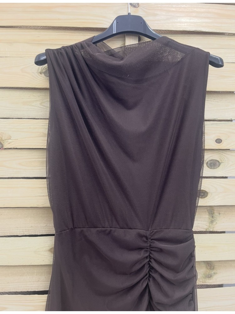 Vestido tul liso con drapeado en cintura