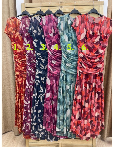 Vestido tul largo estampado con transparencia en hombros