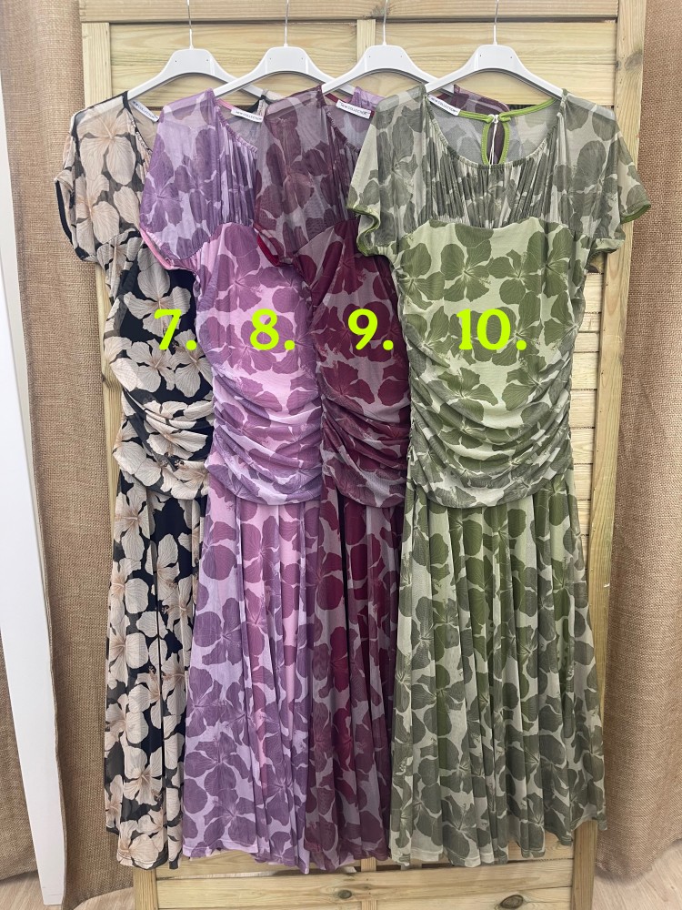 Vestido tul largo estampado con transparencia en hombros