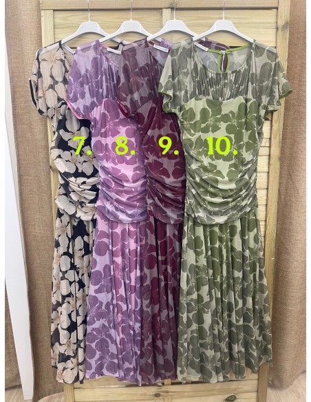 Vestido tul largo estampado con transparencia en hombros