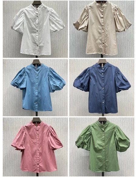 Camisa cuello mao y manga corta abullonada