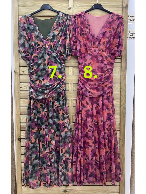 Vestido tul estampado de pico con frunce en cintura 2