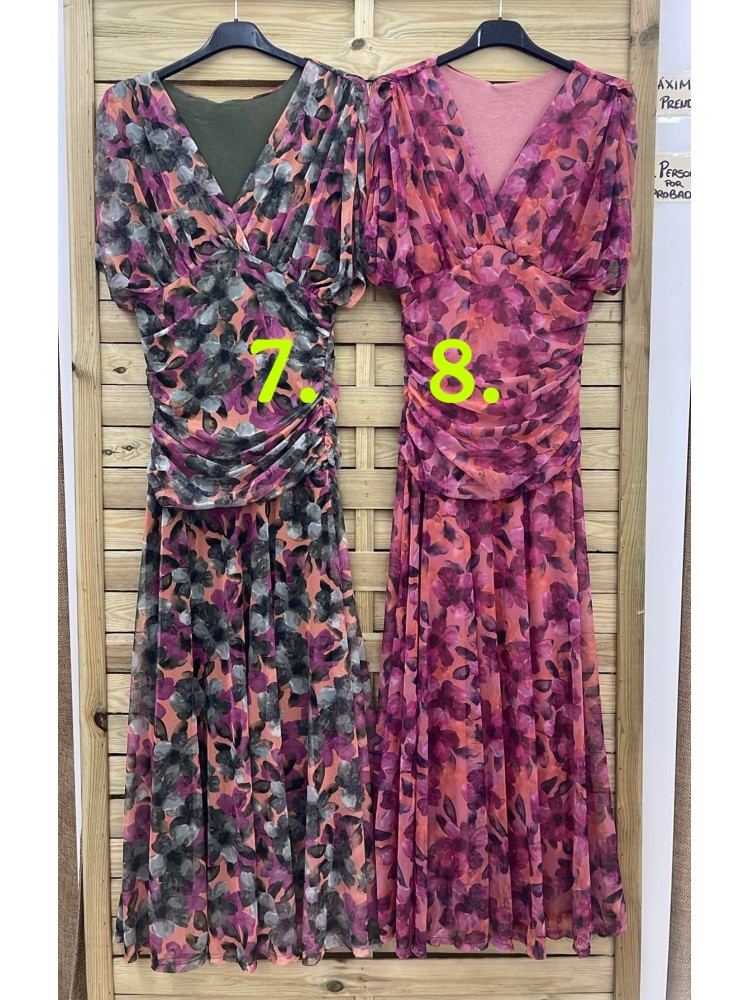 Vestido tul estampado de pico con frunce en cintura