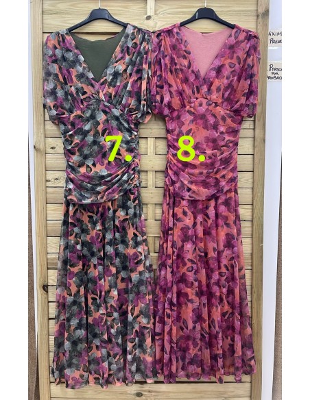 Vestido tul estampado de pico con frunce en cintura