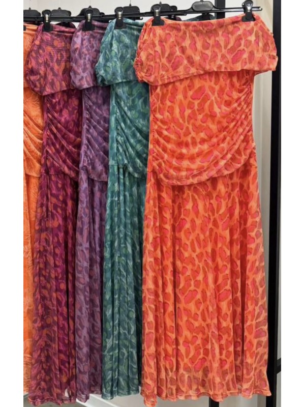 Vestido tul manchas maxi hombros