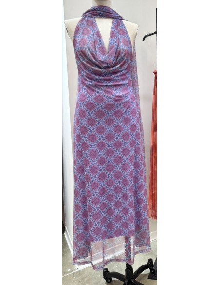 Vestido tul escote cascada con fular