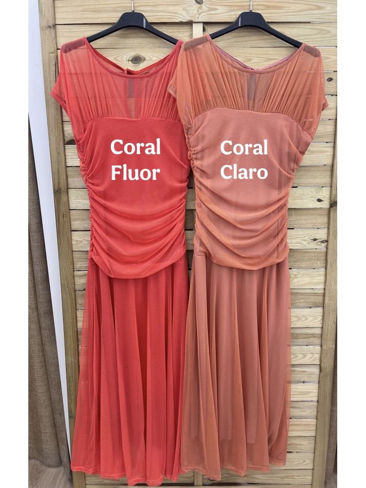 Vestido tul liso con transparencia en hombros