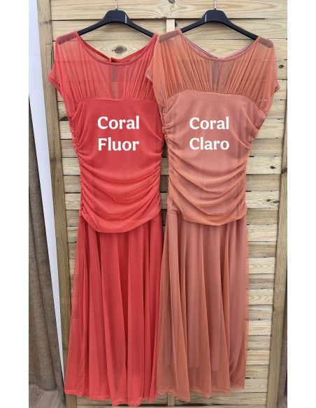 Vestido tul liso con transparencia en hombros