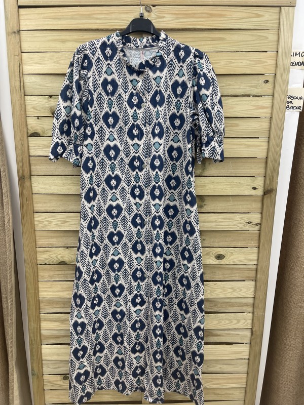 Vestido camisero largo de manga con mini volante en cuello