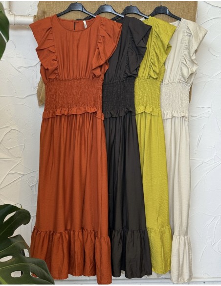 Vestido liso frunce en cintura y volante en hombros