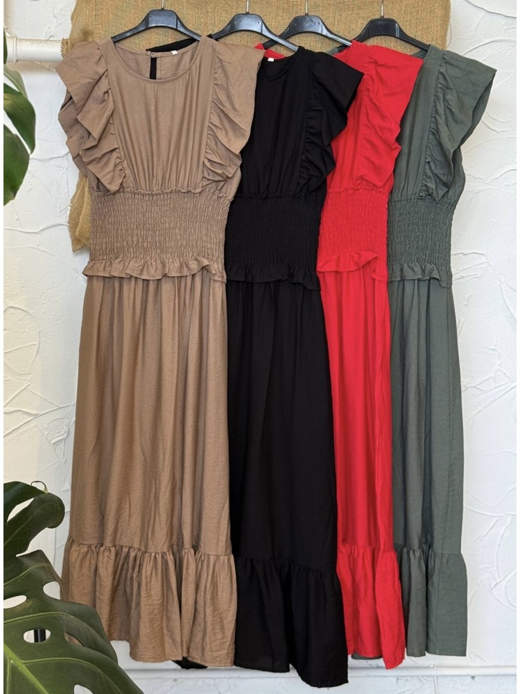 Vestido liso frunce en cintura y volante en hombros