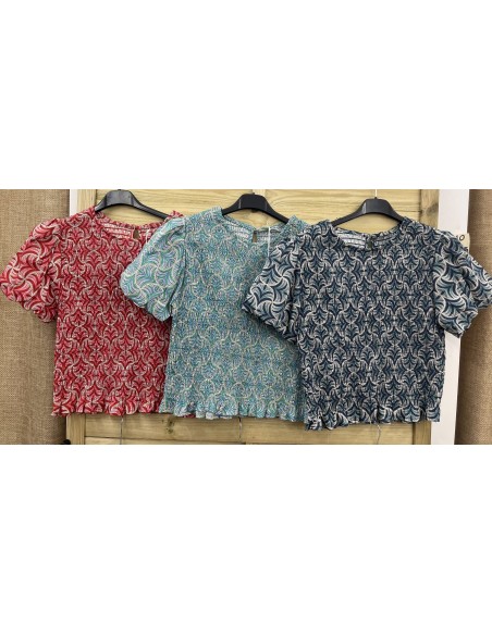 Camisa fruncida manga corta abullonada estampado helechos