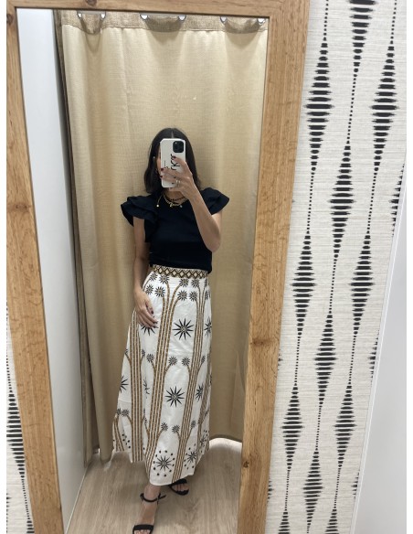 Falda midi detalles soles bordados