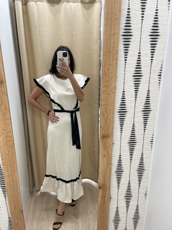 Vestido rayas con detalle flequitos y cinturón negro 2